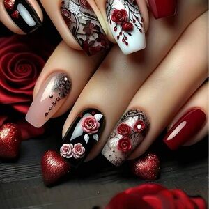 Elegant Rose & Lace Pattern Acrylic Fake Nails 24 piece